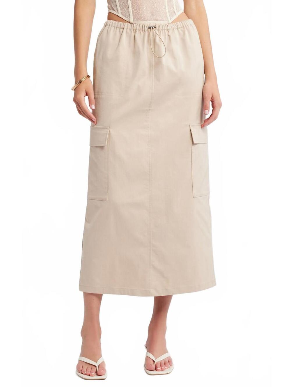 Open Edit Drawcord Maxi Utility Cargo Skirt Tan Beige NWT XS
